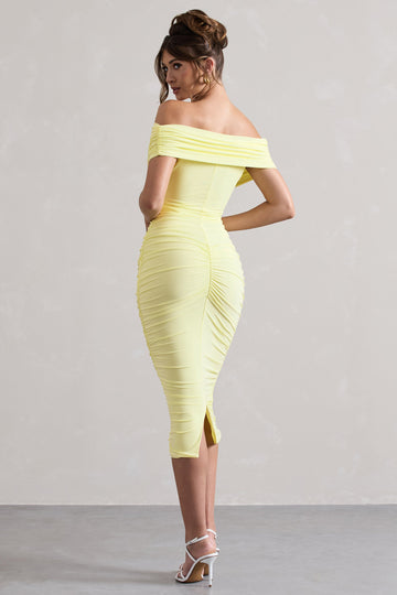 Unwrapped Lemon Ruched Twist Bardot Midi Dress